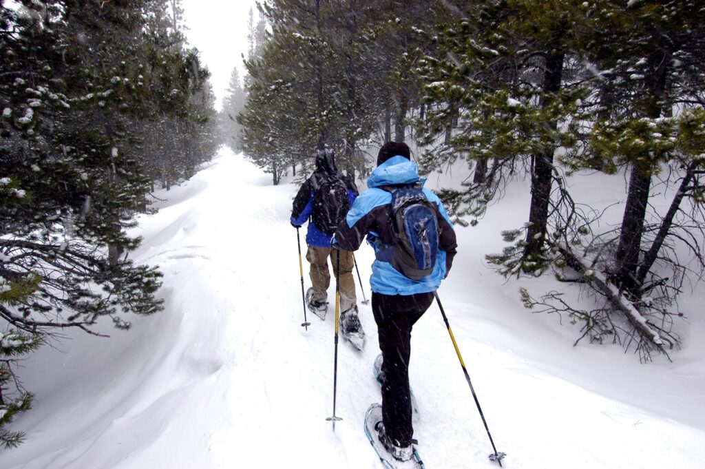 Two people snowshoe through the woods in Bend, Oregon. 